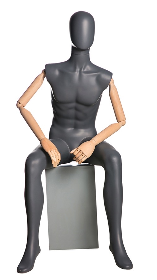 Matte Grey Male Egghead Seated Mannequin With Wooden Posable Arms